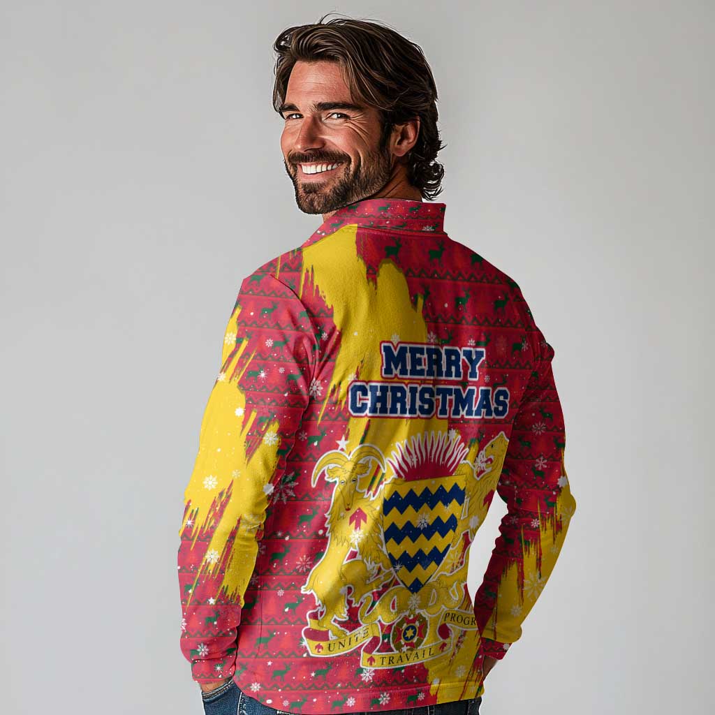 Chad Christmas Long Sleeve Polo Shirt with Red-Yellow Festive Pattern, National Coat of Arms, and Snowflake Accents - Wonder Print Shop