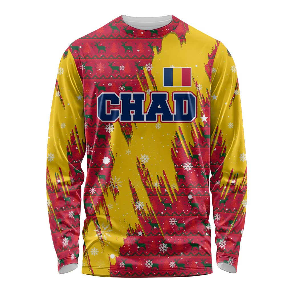 Chad Christmas Long Sleeve Shirt with Red-Yellow Festive Pattern, National Coat of Arms, and Snowflake Accents - Wonder Print Shop