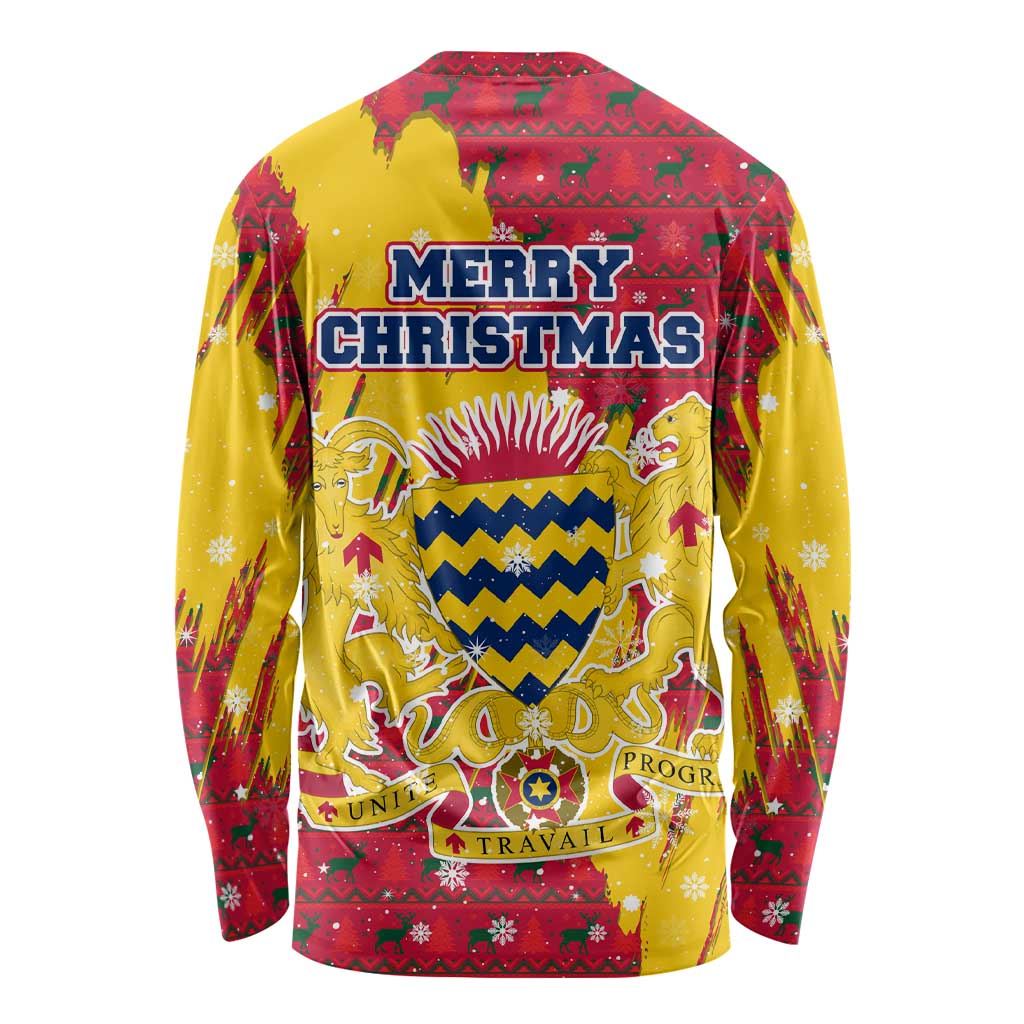 Chad Christmas Long Sleeve Shirt with Red-Yellow Festive Pattern, National Coat of Arms, and Snowflake Accents - Wonder Print Shop