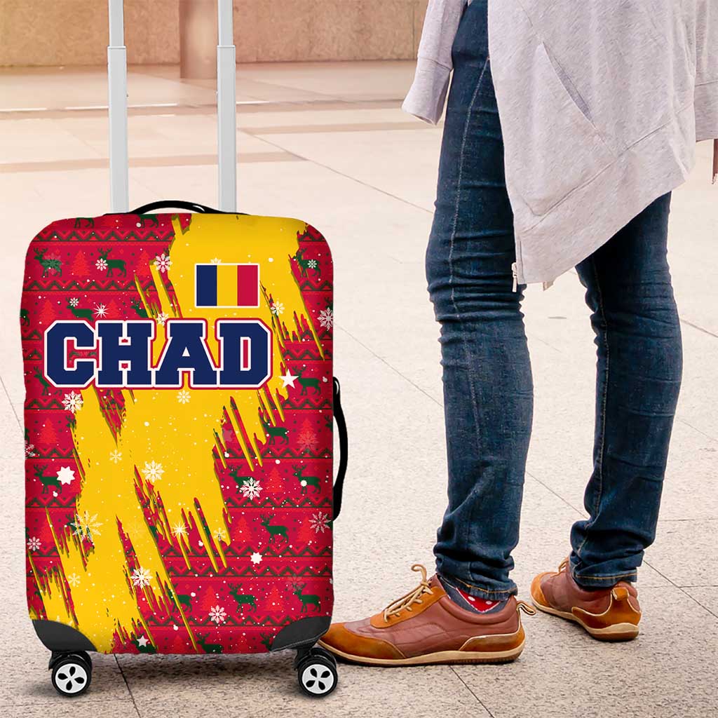 Chad Christmas Luggage Cover with Red-Yellow Festive Pattern, National Coat of Arms, and Snowflake Accents - Wonder Print Shop