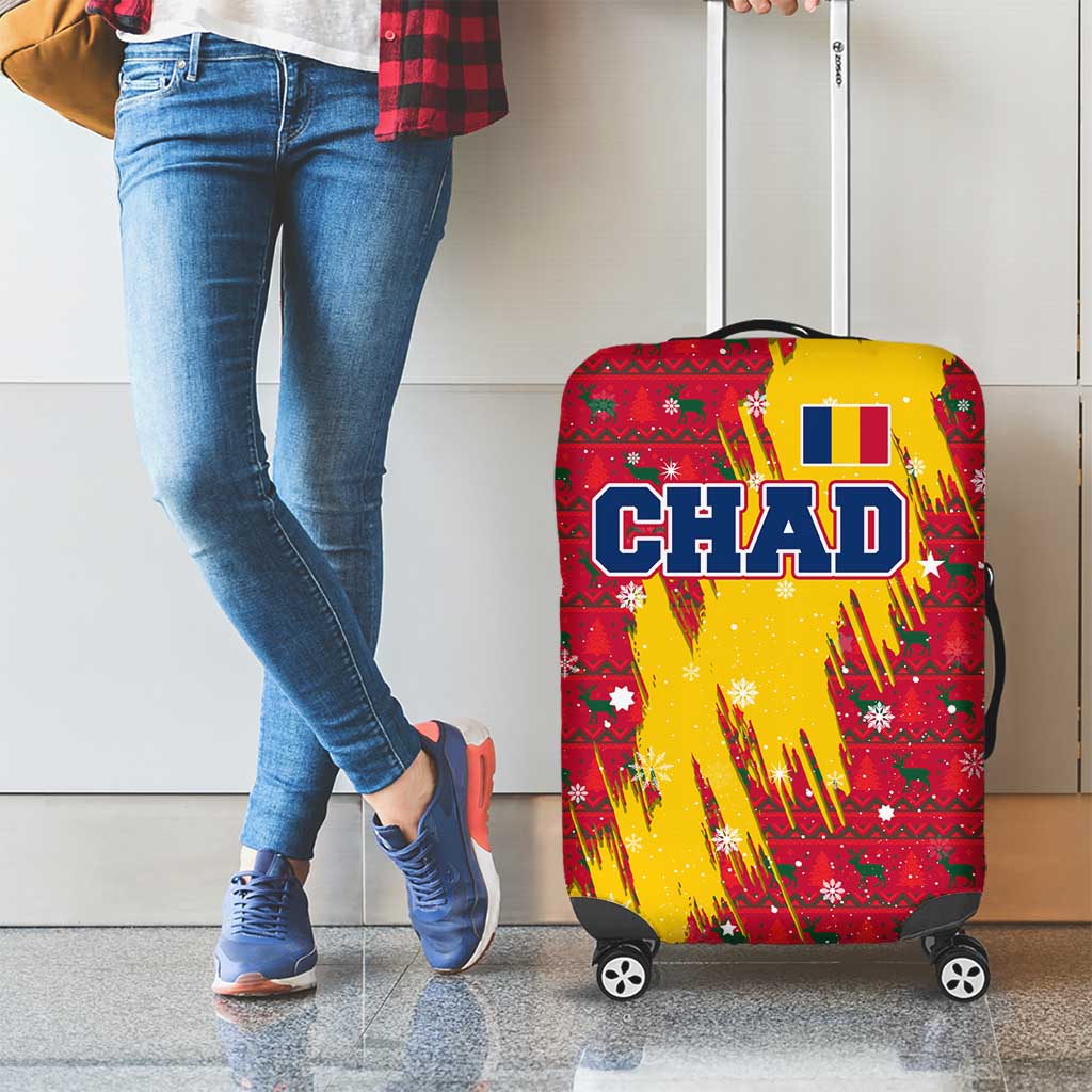 Chad Christmas Luggage Cover with Red-Yellow Festive Pattern, National Coat of Arms, and Snowflake Accents - Wonder Print Shop