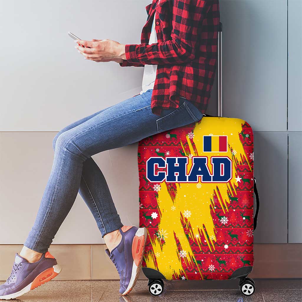 Chad Christmas Luggage Cover with Red-Yellow Festive Pattern, National Coat of Arms, and Snowflake Accents - Wonder Print Shop