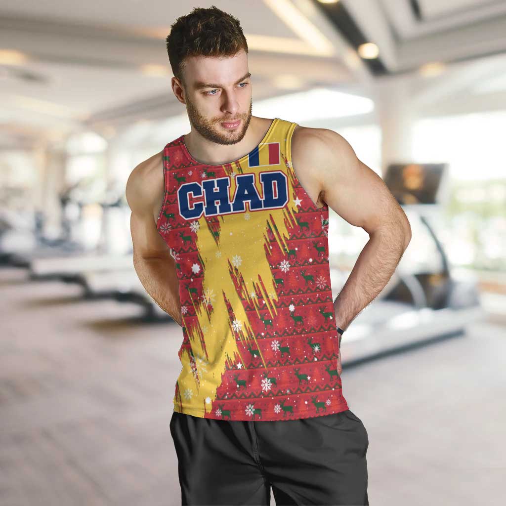 Chad Christmas Men Tank Top with Red-Yellow Festive Pattern, National Coat of Arms, and Snowflake Accents - Wonder Print Shop