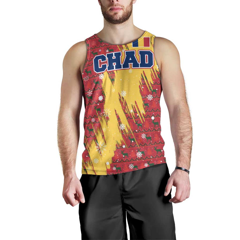 Chad Christmas Men Tank Top with Red-Yellow Festive Pattern, National Coat of Arms, and Snowflake Accents - Wonder Print Shop
