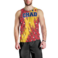 Chad Christmas Men Tank Top with Red-Yellow Festive Pattern, National Coat of Arms, and Snowflake Accents - Wonder Print Shop