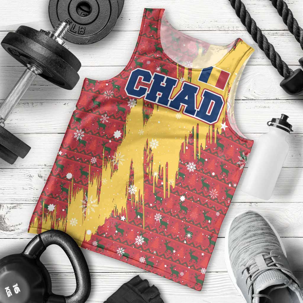 Chad Christmas Men Tank Top with Red-Yellow Festive Pattern, National Coat of Arms, and Snowflake Accents - Wonder Print Shop