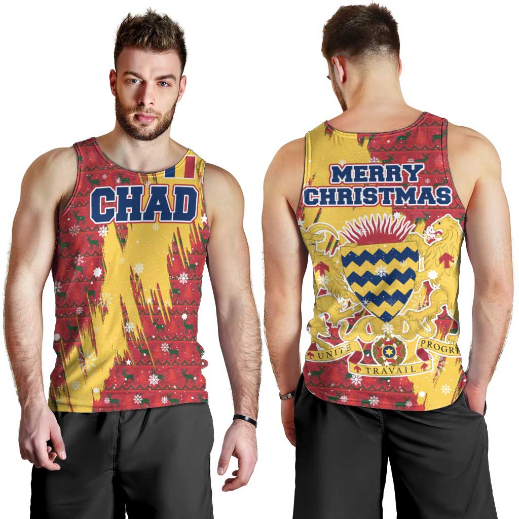 Chad Christmas Men Tank Top with Red-Yellow Festive Pattern, National Coat of Arms, and Snowflake Accents - Wonder Print Shop