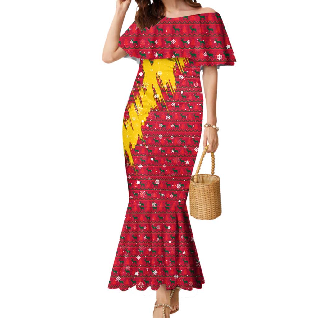 Chad Christmas Mermaid Dress with Red-Yellow Festive Pattern, National Coat of Arms, and Snowflake Accents - Wonder Print Shop