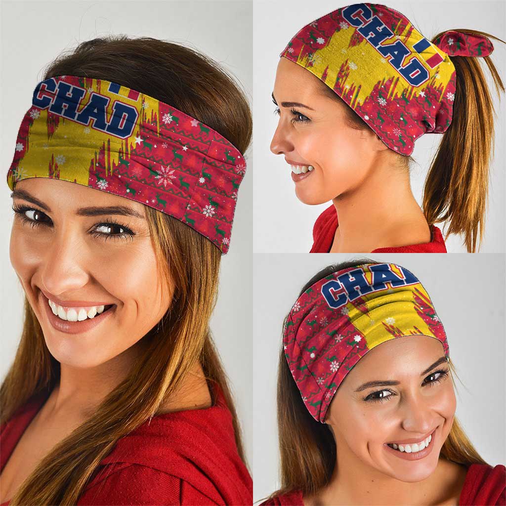 Chad Christmas Neck Gaiter with Red-Yellow Festive Pattern, National Coat of Arms, and Snowflake Accents - Wonder Print Shop