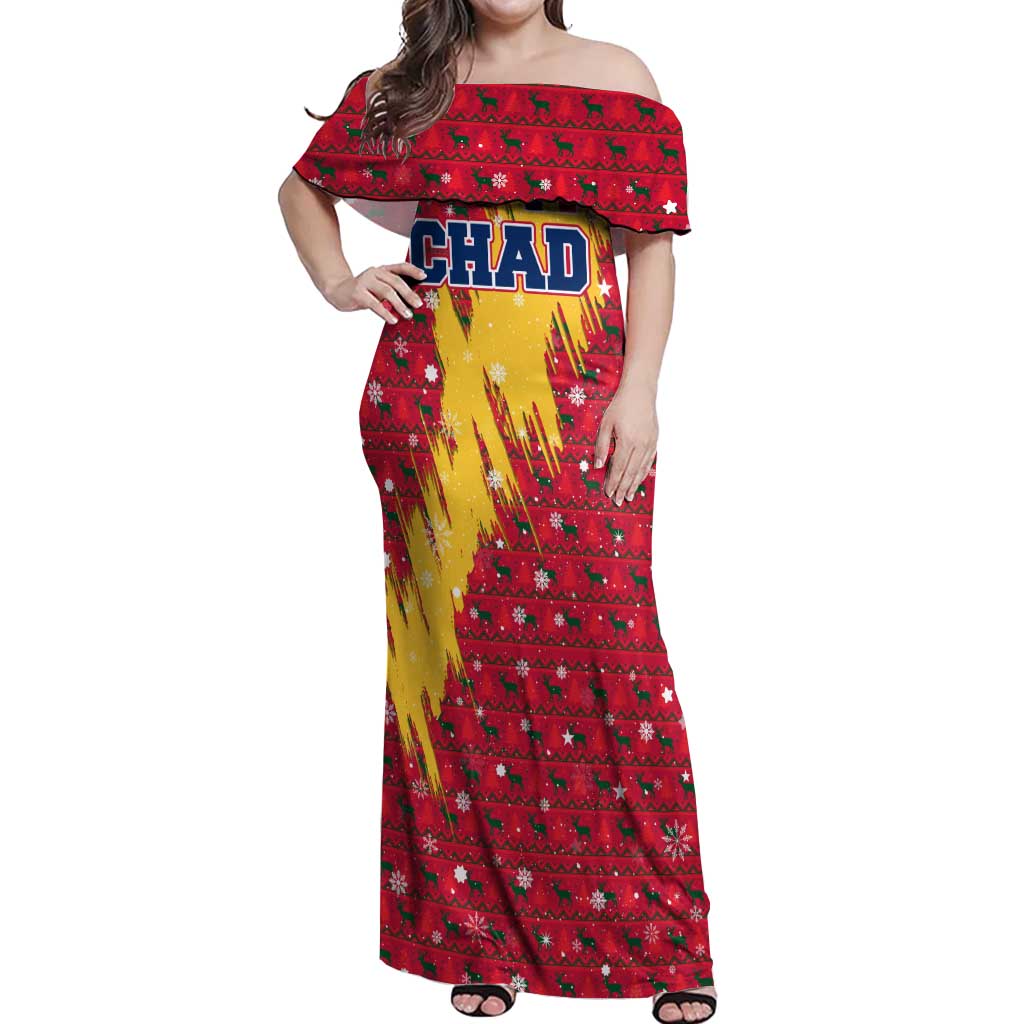 Chad Christmas Off Shoulder Maxi Dress with Red-Yellow Festive Pattern, National Coat of Arms, and Snowflake Accents - Wonder Print Shop