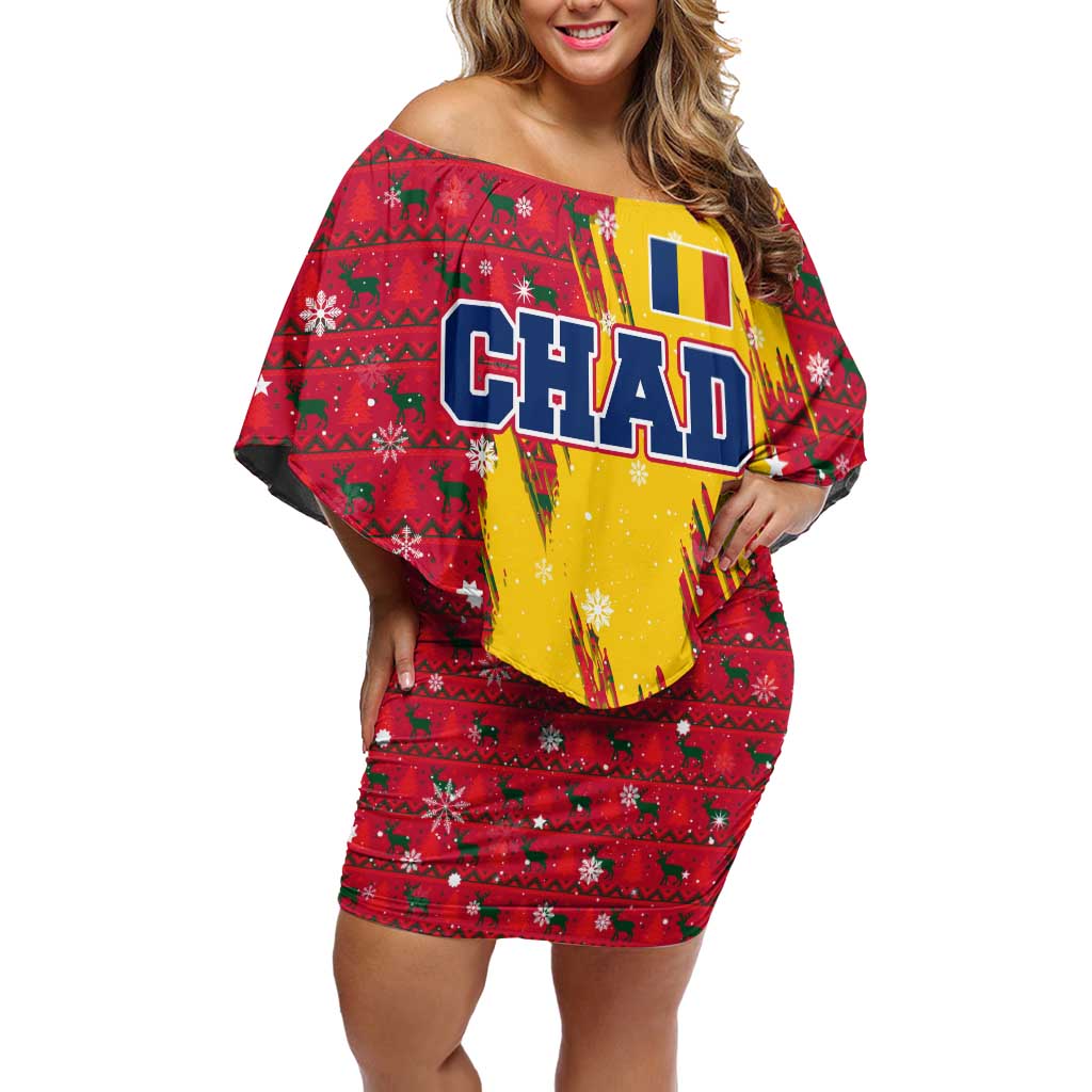 Chad Christmas Off Shoulder Short Dress with Red-Yellow Festive Pattern, National Coat of Arms, and Snowflake Accents - Wonder Print Shop