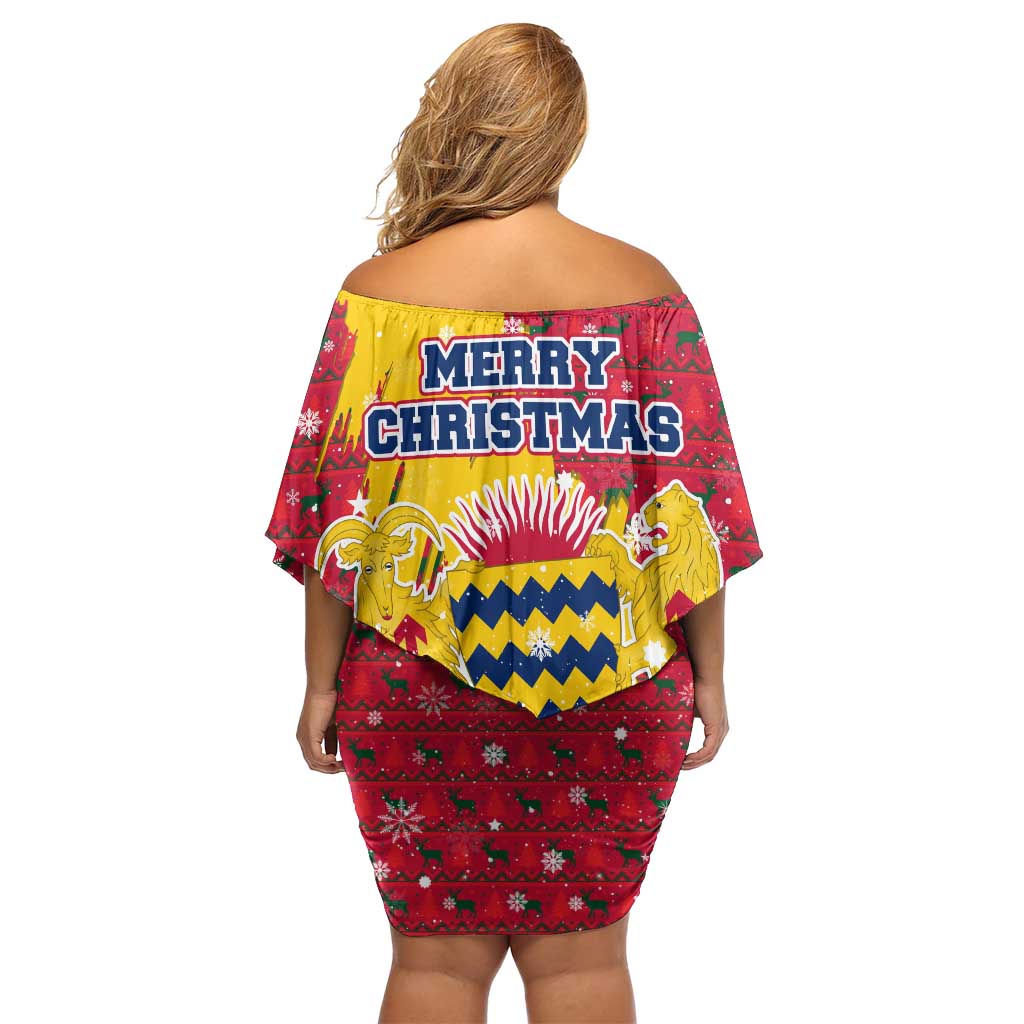 Chad Christmas Off Shoulder Short Dress with Red-Yellow Festive Pattern, National Coat of Arms, and Snowflake Accents - Wonder Print Shop