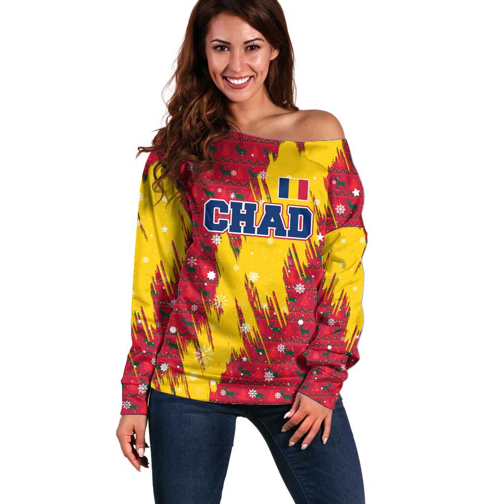 Chad Christmas Off Shoulder Sweater with Red-Yellow Festive Pattern, National Coat of Arms, and Snowflake Accents - Wonder Print Shop