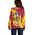 Chad Christmas Off Shoulder Sweater with Red-Yellow Festive Pattern, National Coat of Arms, and Snowflake Accents - Wonder Print Shop