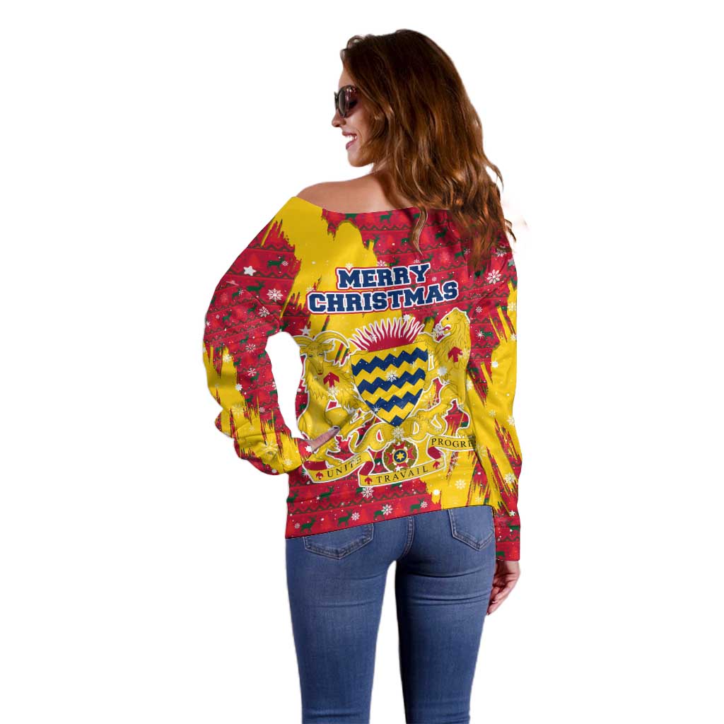 Chad Christmas Off Shoulder Sweater with Red-Yellow Festive Pattern, National Coat of Arms, and Snowflake Accents - Wonder Print Shop
