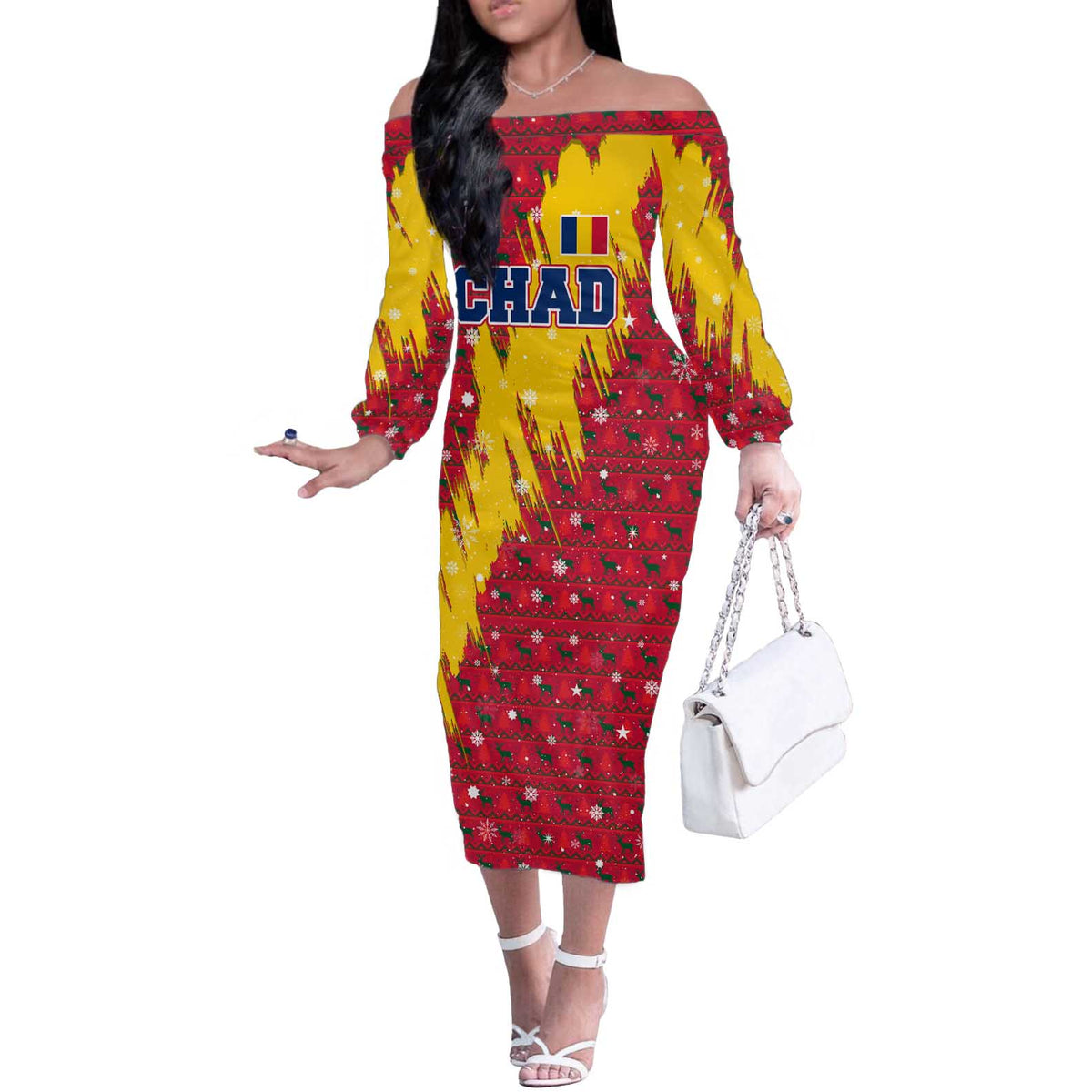 Chad Christmas Off The Shoulder Long Sleeve Dress with Red-Yellow Festive Pattern, National Coat of Arms, and Snowflake Accents - Wonder Print Shop