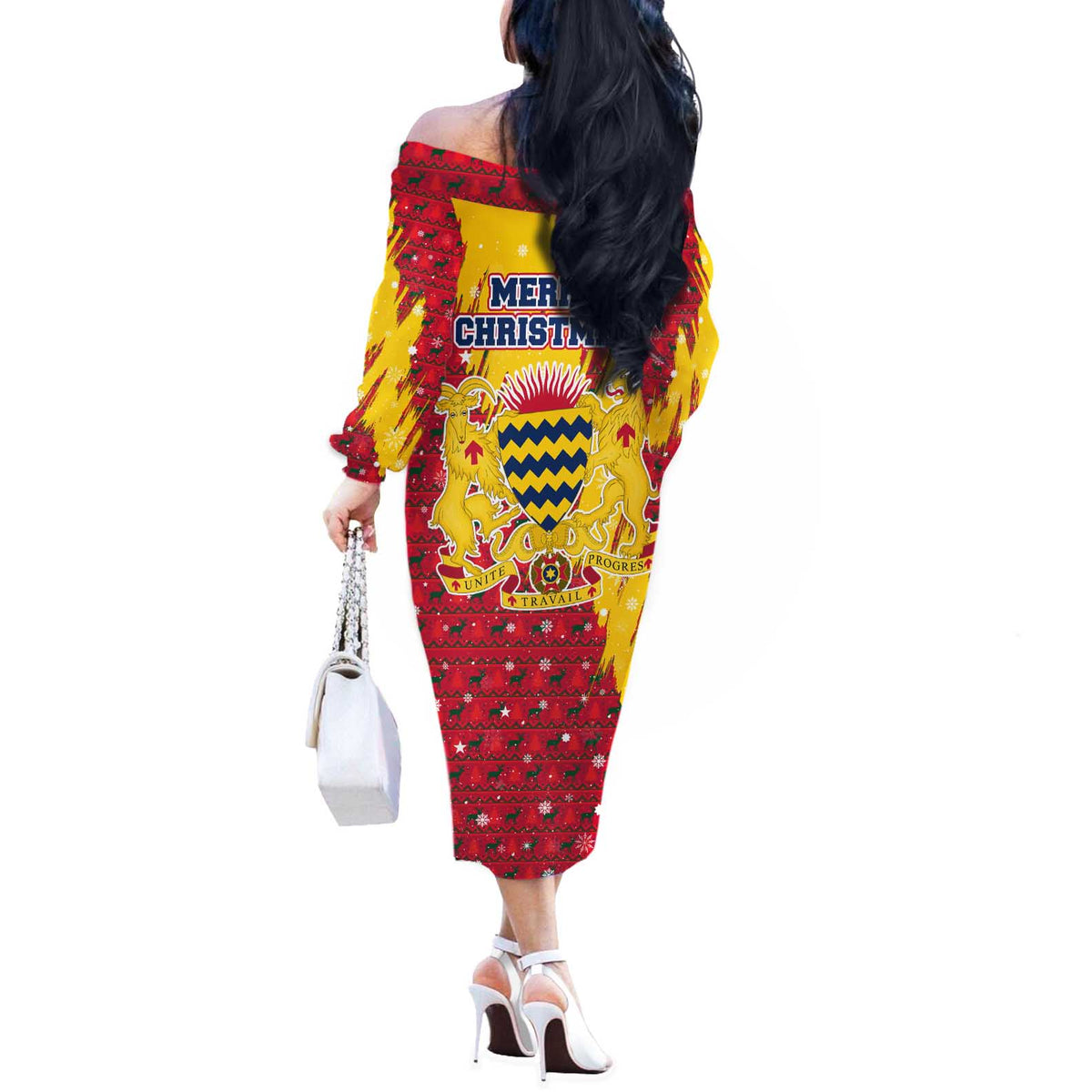 Chad Christmas Off The Shoulder Long Sleeve Dress with Red-Yellow Festive Pattern, National Coat of Arms, and Snowflake Accents - Wonder Print Shop