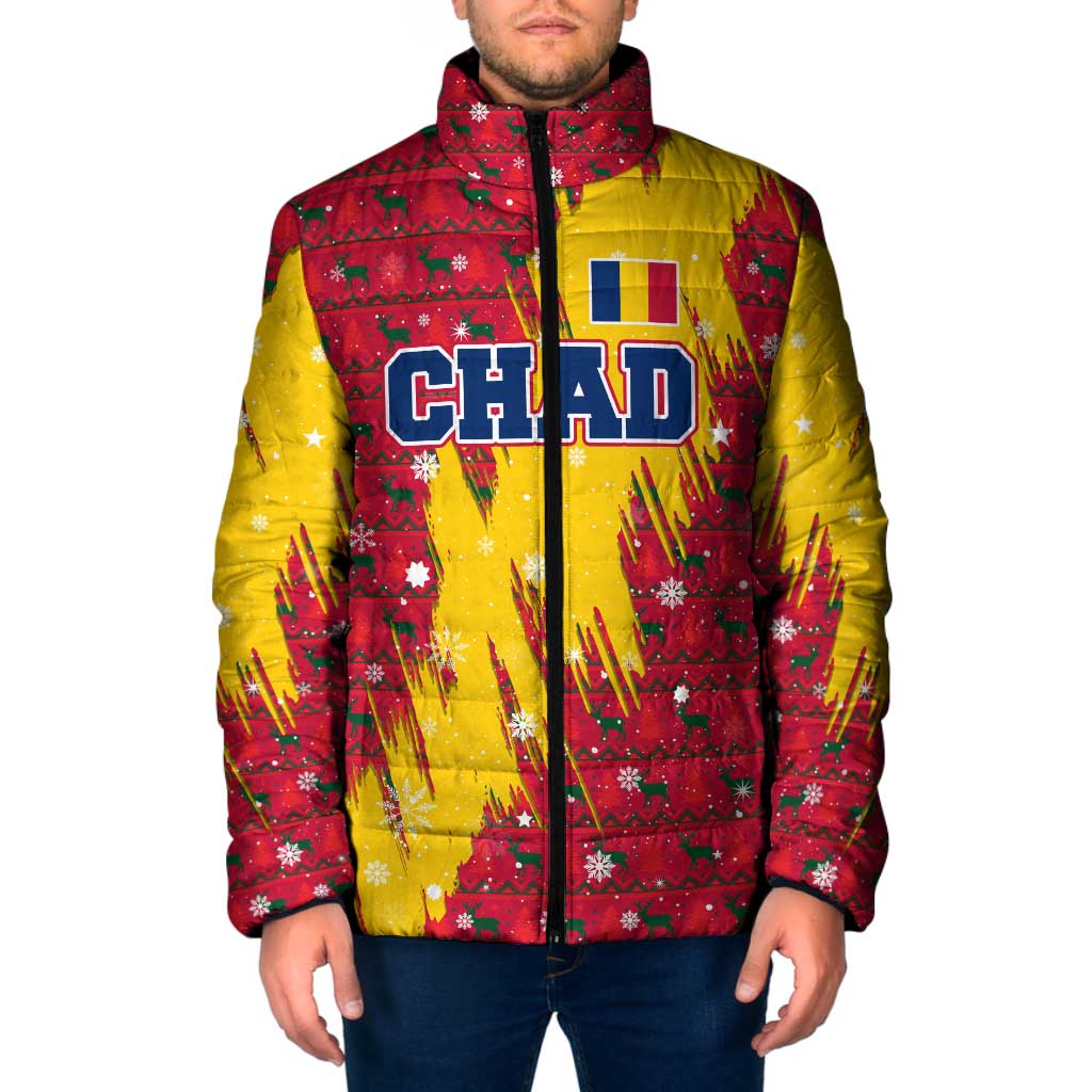 Chad Christmas Padded Jacket with Red-Yellow Festive Pattern, National Coat of Arms, and Snowflake Accents - Wonder Print Shop