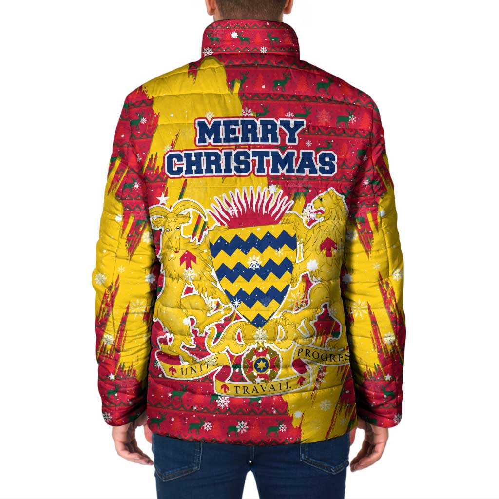 Chad Christmas Padded Jacket with Red-Yellow Festive Pattern, National Coat of Arms, and Snowflake Accents - Wonder Print Shop
