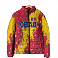 Chad Christmas Padded Jacket with Red-Yellow Festive Pattern, National Coat of Arms, and Snowflake Accents - Wonder Print Shop