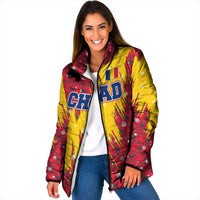 Chad Christmas Padded Jacket with Red-Yellow Festive Pattern, National Coat of Arms, and Snowflake Accents - Wonder Print Shop