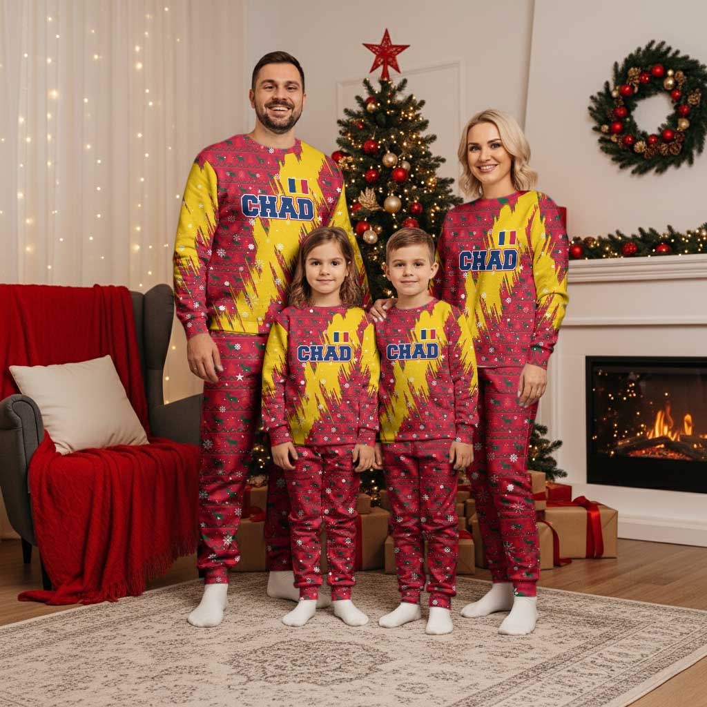 Chad Christmas Pajama Set with Red-Yellow Festive Pattern, National Coat of Arms, and Snowflake Accents - Wonder Print Shop