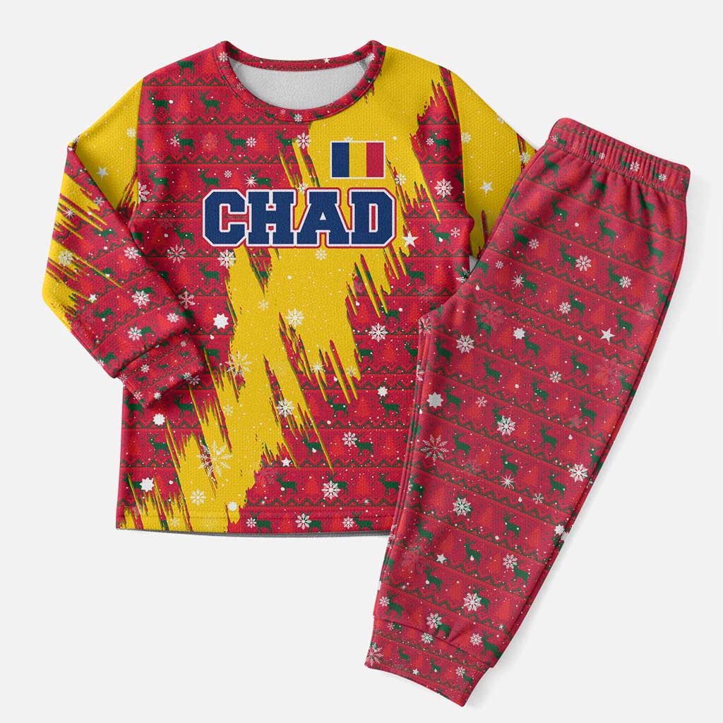 Chad Christmas Pajama Set with Red-Yellow Festive Pattern, National Coat of Arms, and Snowflake Accents - Wonder Print Shop