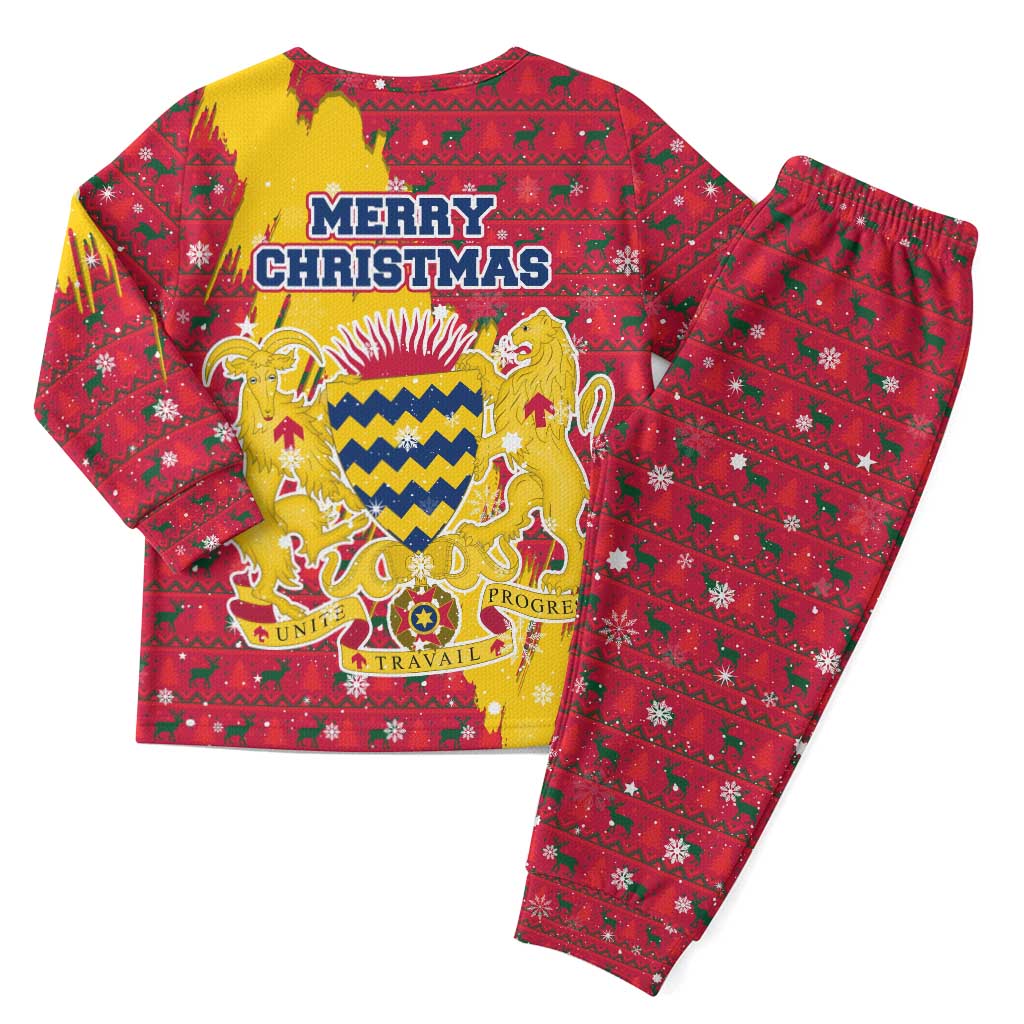 Chad Christmas Pajama Set with Red-Yellow Festive Pattern, National Coat of Arms, and Snowflake Accents - Wonder Print Shop