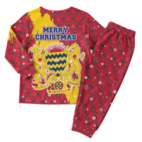 Chad Christmas Pajama Set with Red-Yellow Festive Pattern, National Coat of Arms, and Snowflake Accents - Wonder Print Shop