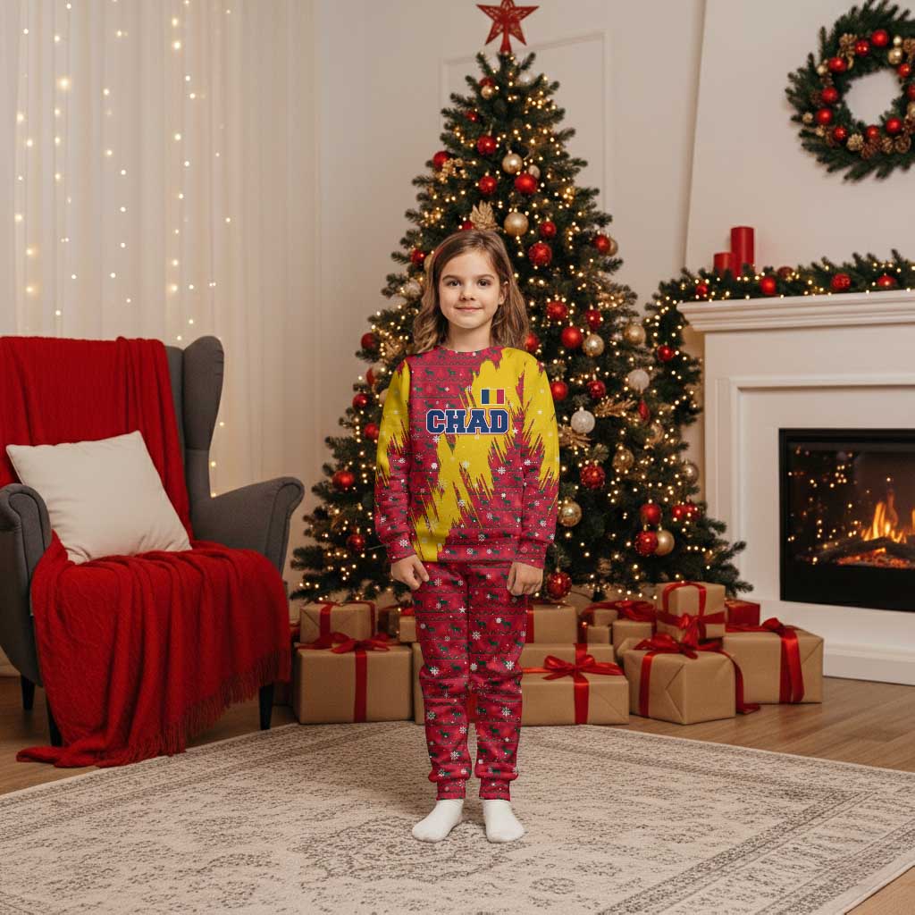 Chad Christmas Pajama Set with Red-Yellow Festive Pattern, National Coat of Arms, and Snowflake Accents - Wonder Print Shop