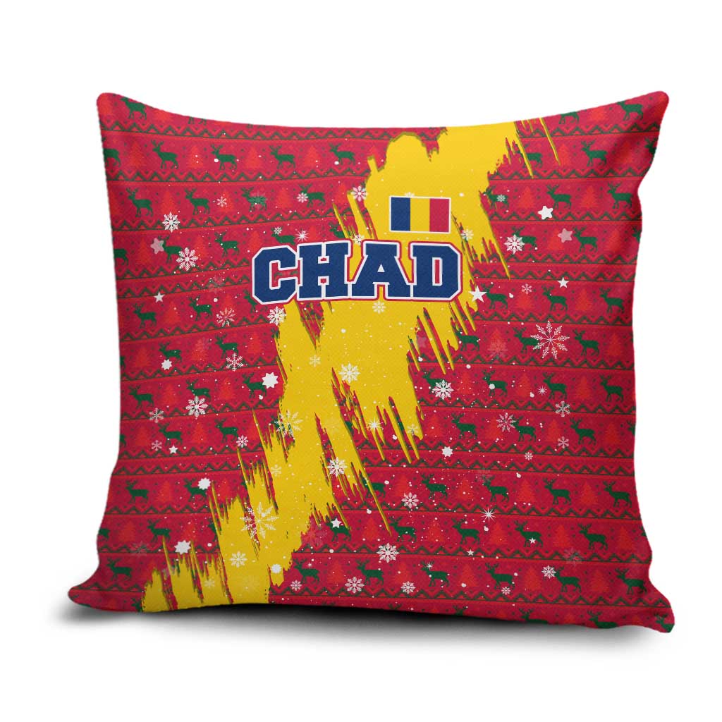 Chad Christmas Pillow Cover with Red-Yellow Festive Pattern, National Coat of Arms, and Snowflake Accents - Wonder Print Shop