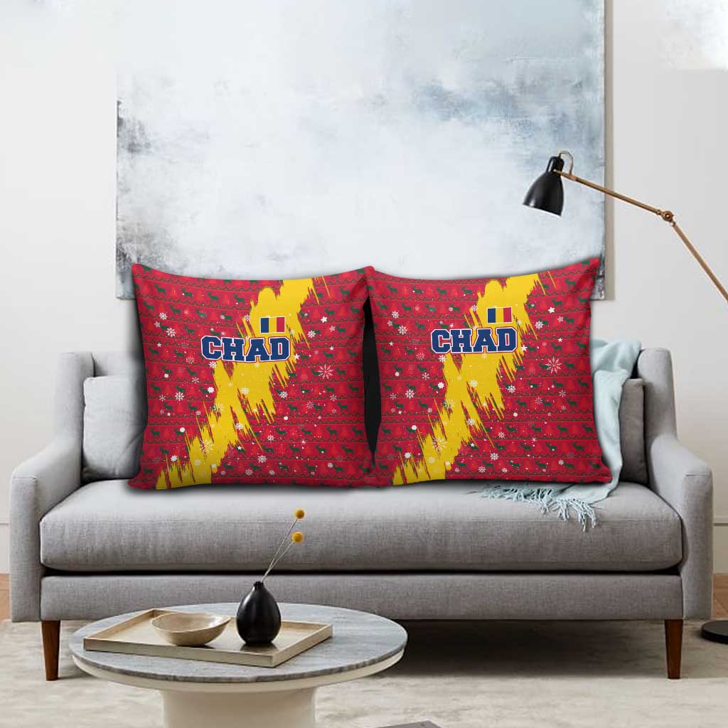 Chad Christmas Pillow Cover with Red-Yellow Festive Pattern, National Coat of Arms, and Snowflake Accents - Wonder Print Shop