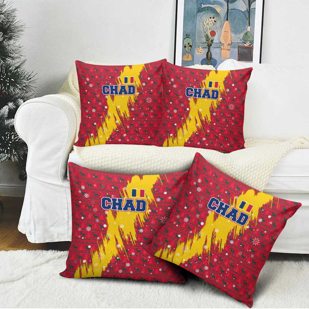 Chad Christmas Pillow Cover with Red-Yellow Festive Pattern, National Coat of Arms, and Snowflake Accents - Wonder Print Shop