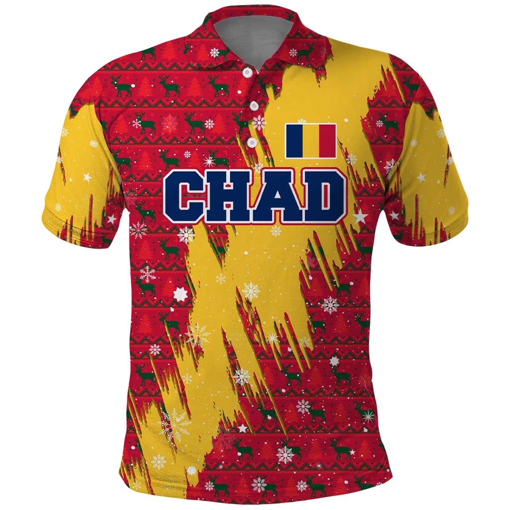 Chad Christmas Polo Shirt with Red-Yellow Festive Pattern, National Coat of Arms, and Snowflake Accents - Wonder Print Shop