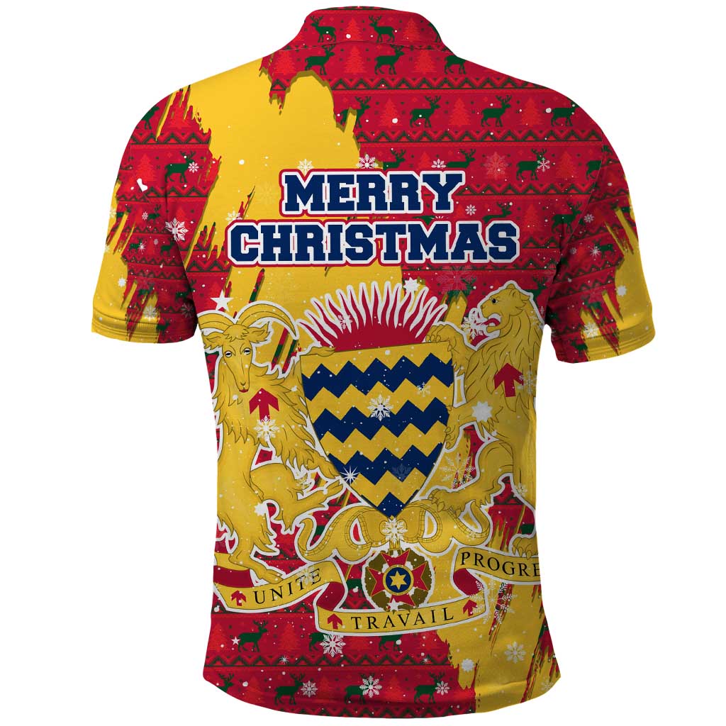 Chad Christmas Polo Shirt with Red-Yellow Festive Pattern, National Coat of Arms, and Snowflake Accents - Wonder Print Shop