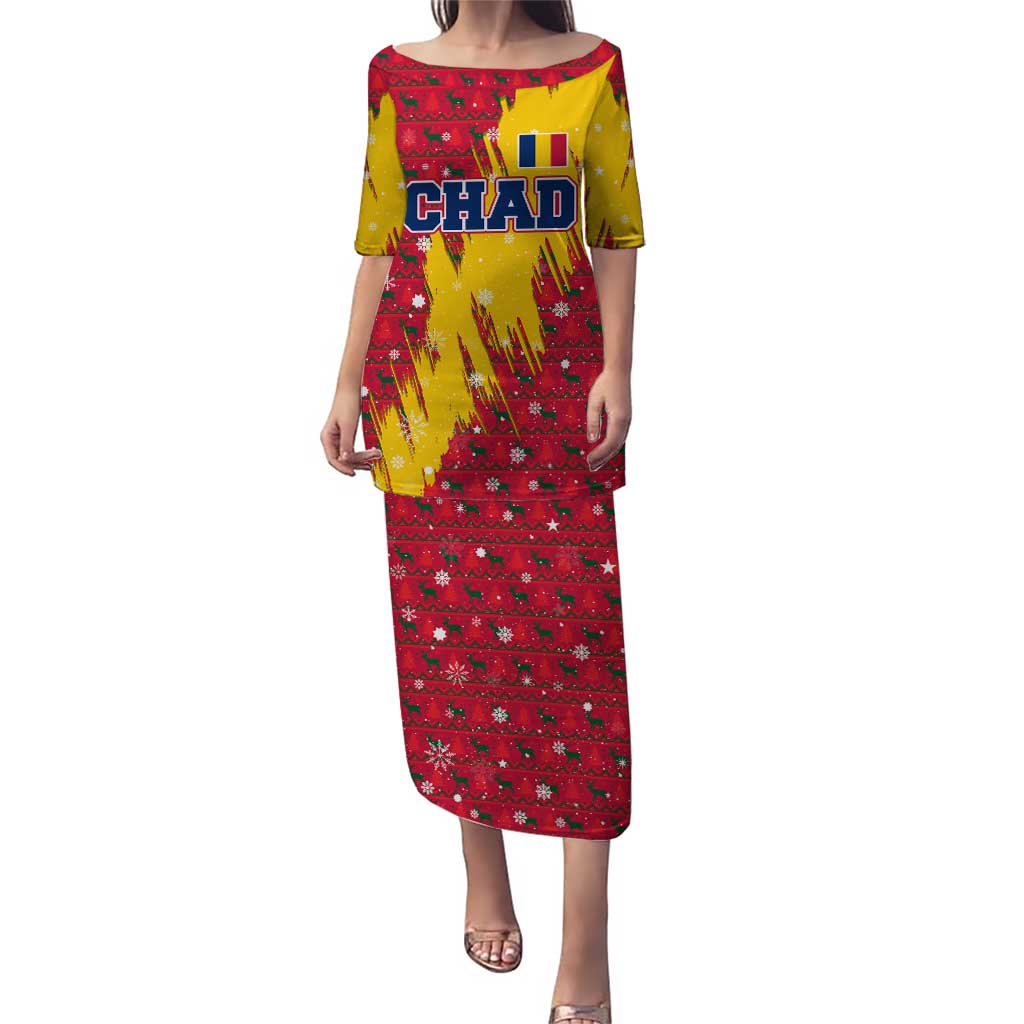 Chad Christmas Puletasi with Red-Yellow Festive Pattern, National Coat of Arms, and Snowflake Accents - Wonder Print Shop