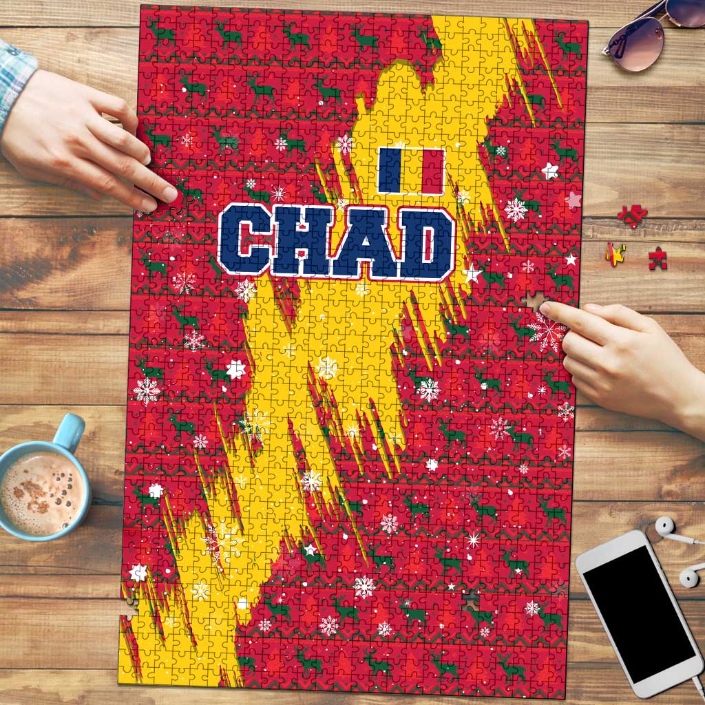 Chad Christmas Puzzle with Red-Yellow Festive Pattern, National Coat of Arms, and Snowflake Accents - Wonder Print Shop