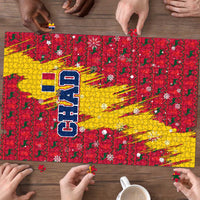 Chad Christmas Puzzle with Red-Yellow Festive Pattern, National Coat of Arms, and Snowflake Accents - Wonder Print Shop