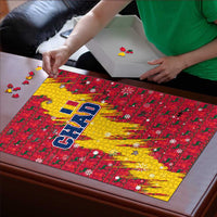 Chad Christmas Puzzle with Red-Yellow Festive Pattern, National Coat of Arms, and Snowflake Accents - Wonder Print Shop