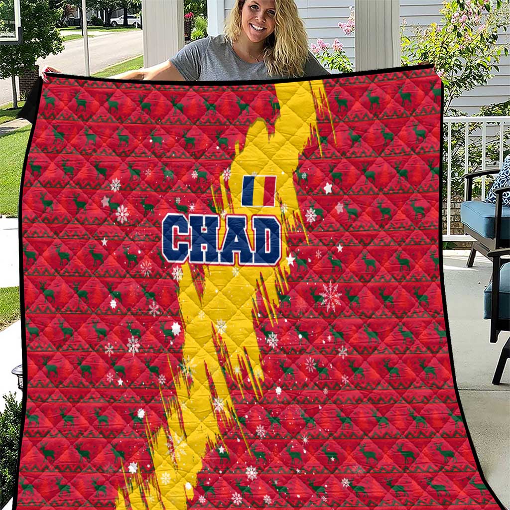 Chad Christmas Quilt with Red-Yellow Festive Pattern, National Coat of Arms, and Snowflake Accents - Wonder Print Shop