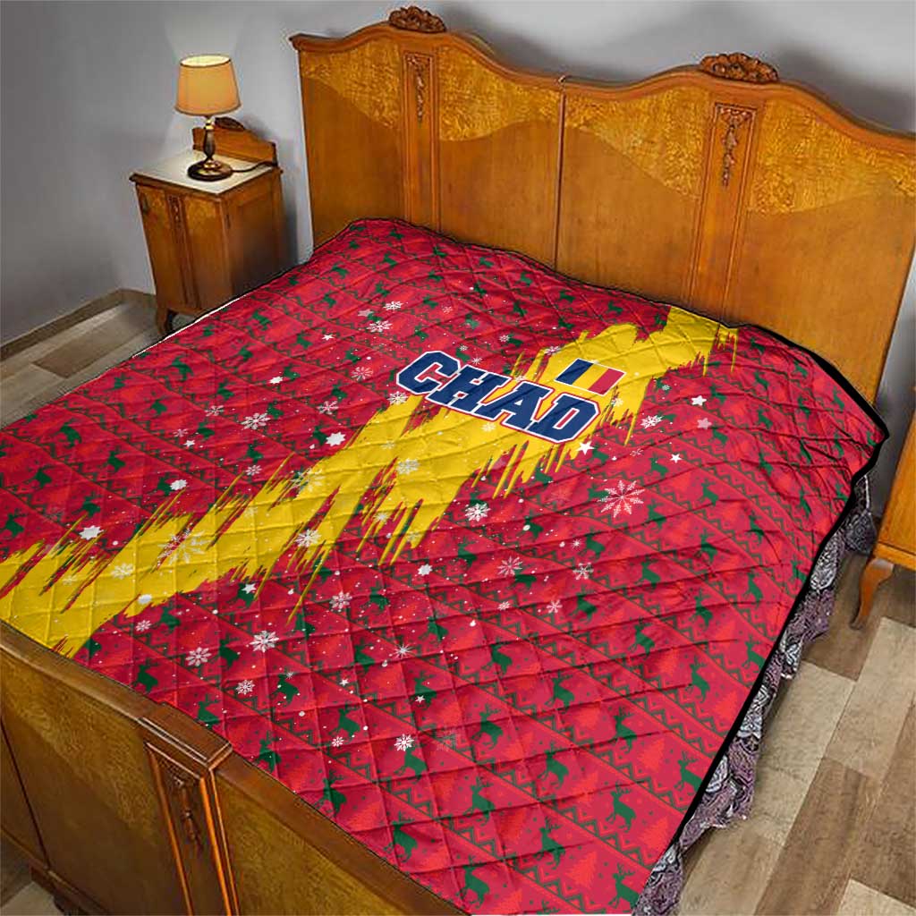 Chad Christmas Quilt with Red-Yellow Festive Pattern, National Coat of Arms, and Snowflake Accents - Wonder Print Shop
