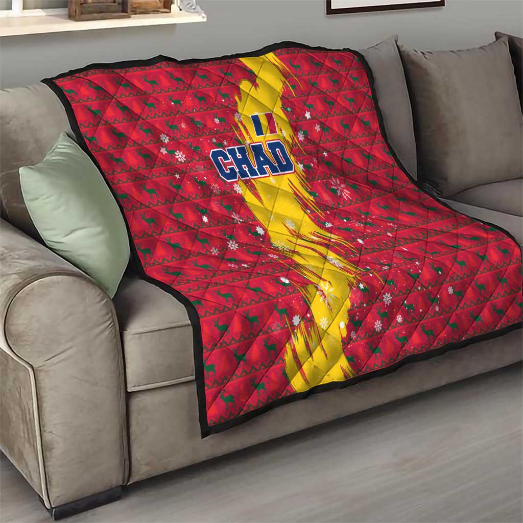 Chad Christmas Quilt with Red-Yellow Festive Pattern, National Coat of Arms, and Snowflake Accents - Wonder Print Shop