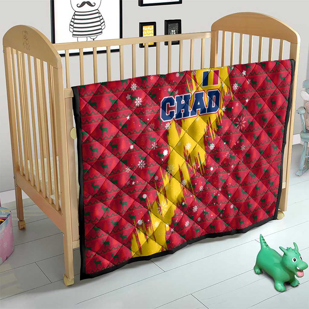 Chad Christmas Quilt with Red-Yellow Festive Pattern, National Coat of Arms, and Snowflake Accents - Wonder Print Shop