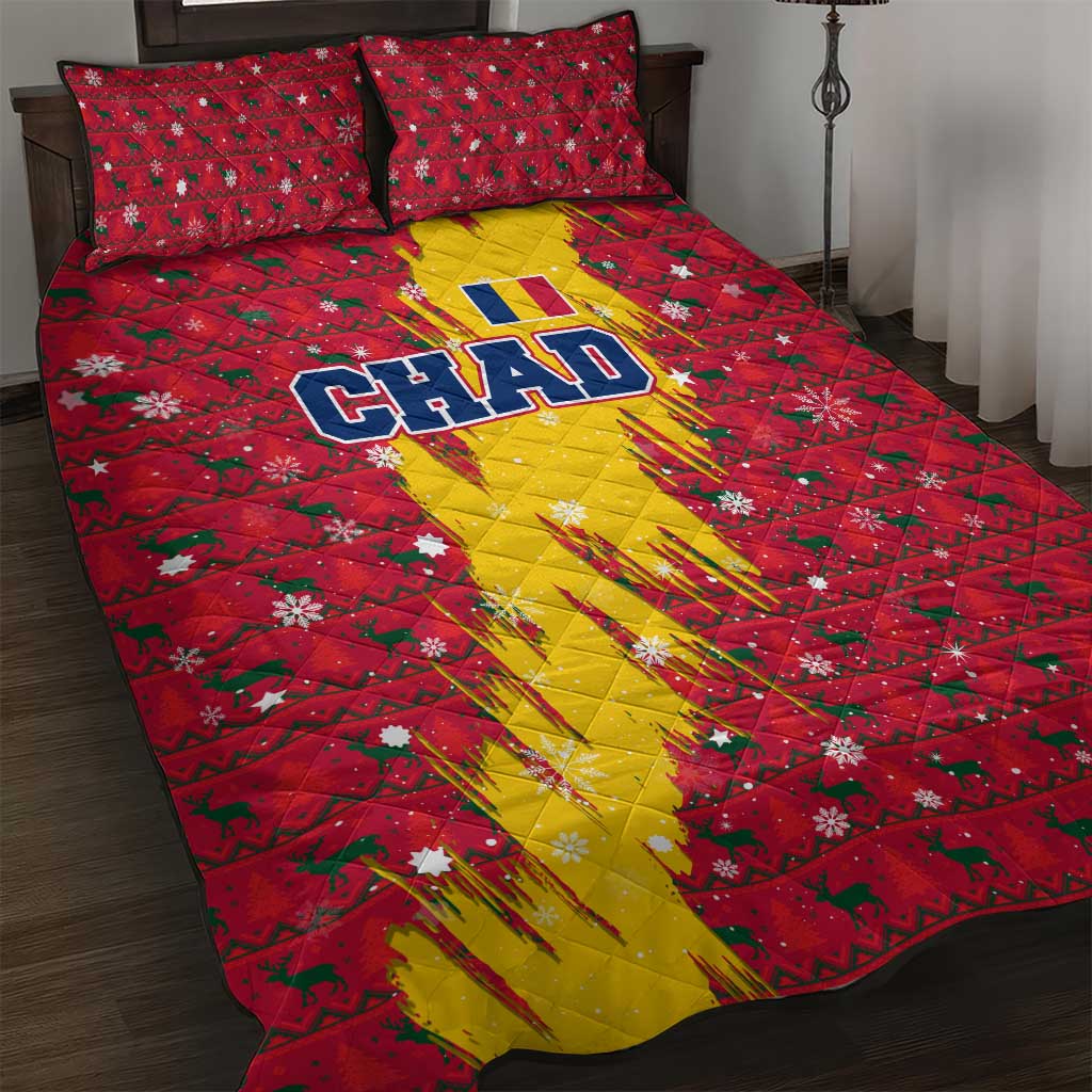 Chad Christmas Quilt Bed Set with Red-Yellow Festive Pattern, National Coat of Arms, and Snowflake Accents - Wonder Print Shop