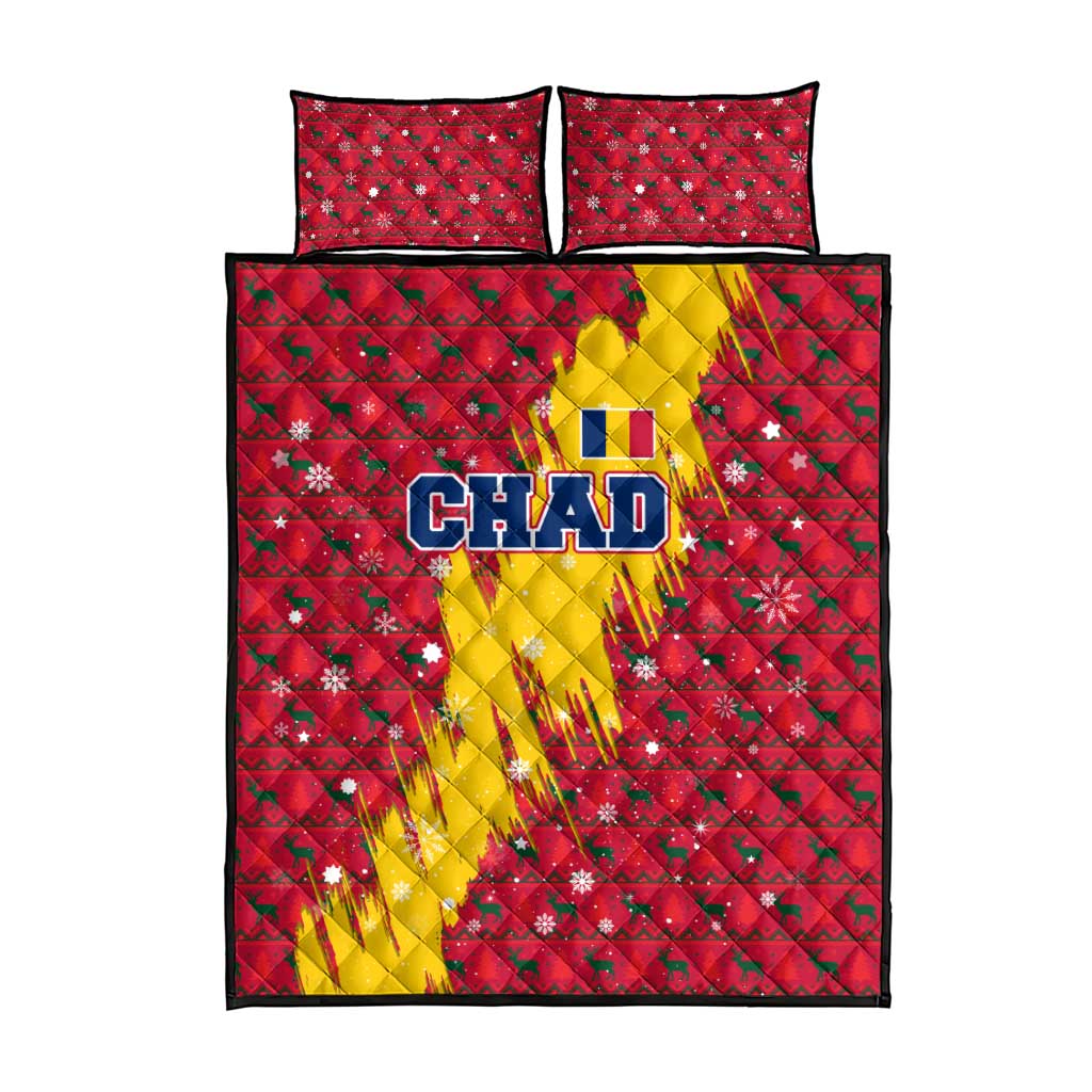 Chad Christmas Quilt Bed Set with Red-Yellow Festive Pattern, National Coat of Arms, and Snowflake Accents - Wonder Print Shop