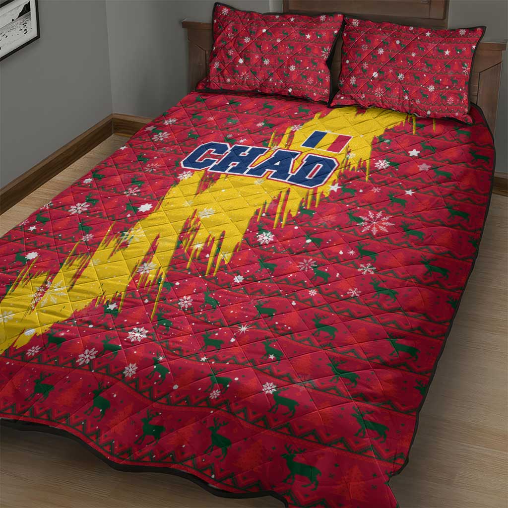 Chad Christmas Quilt Bed Set with Red-Yellow Festive Pattern, National Coat of Arms, and Snowflake Accents - Wonder Print Shop
