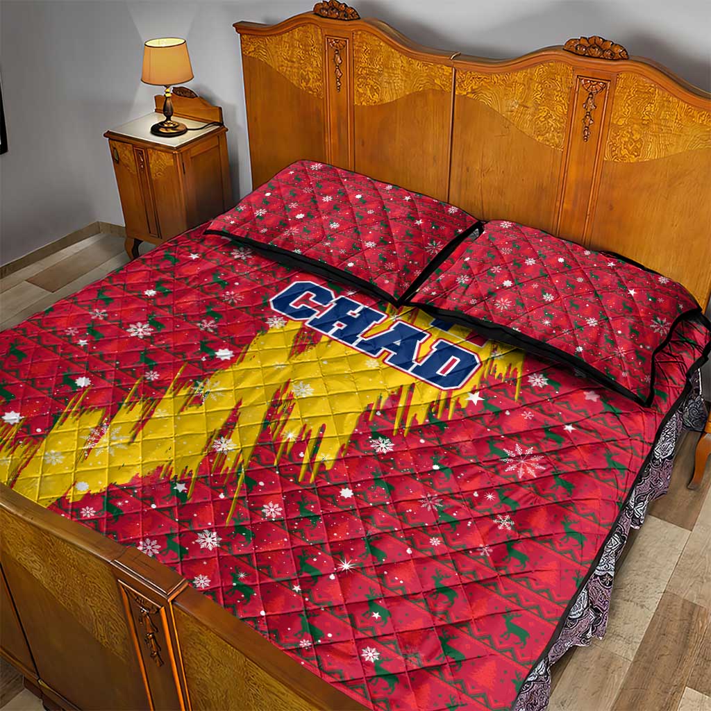 Chad Christmas Quilt Bed Set with Red-Yellow Festive Pattern, National Coat of Arms, and Snowflake Accents - Wonder Print Shop