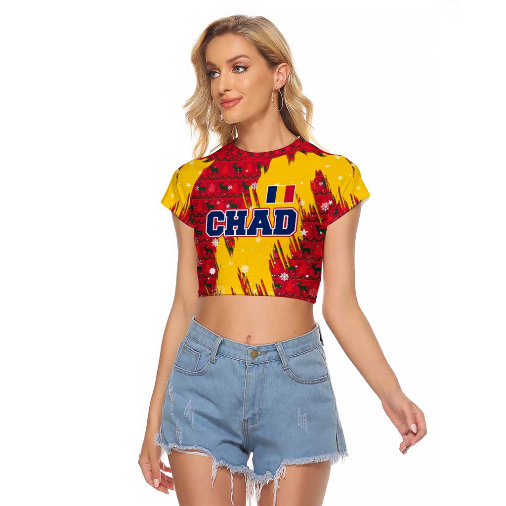 Chad Christmas Raglan Cropped T Shirt with Red-Yellow Festive Pattern, National Coat of Arms, and Snowflake Accents - Wonder Print Shop