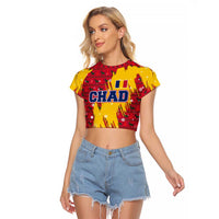 Chad Christmas Raglan Cropped T Shirt with Red-Yellow Festive Pattern, National Coat of Arms, and Snowflake Accents - Wonder Print Shop