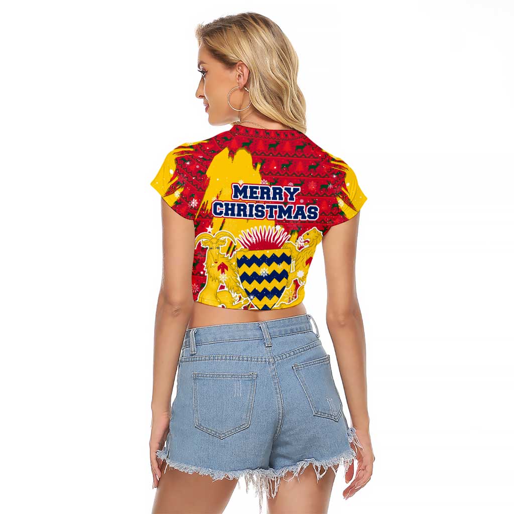 Chad Christmas Raglan Cropped T Shirt with Red-Yellow Festive Pattern, National Coat of Arms, and Snowflake Accents - Wonder Print Shop